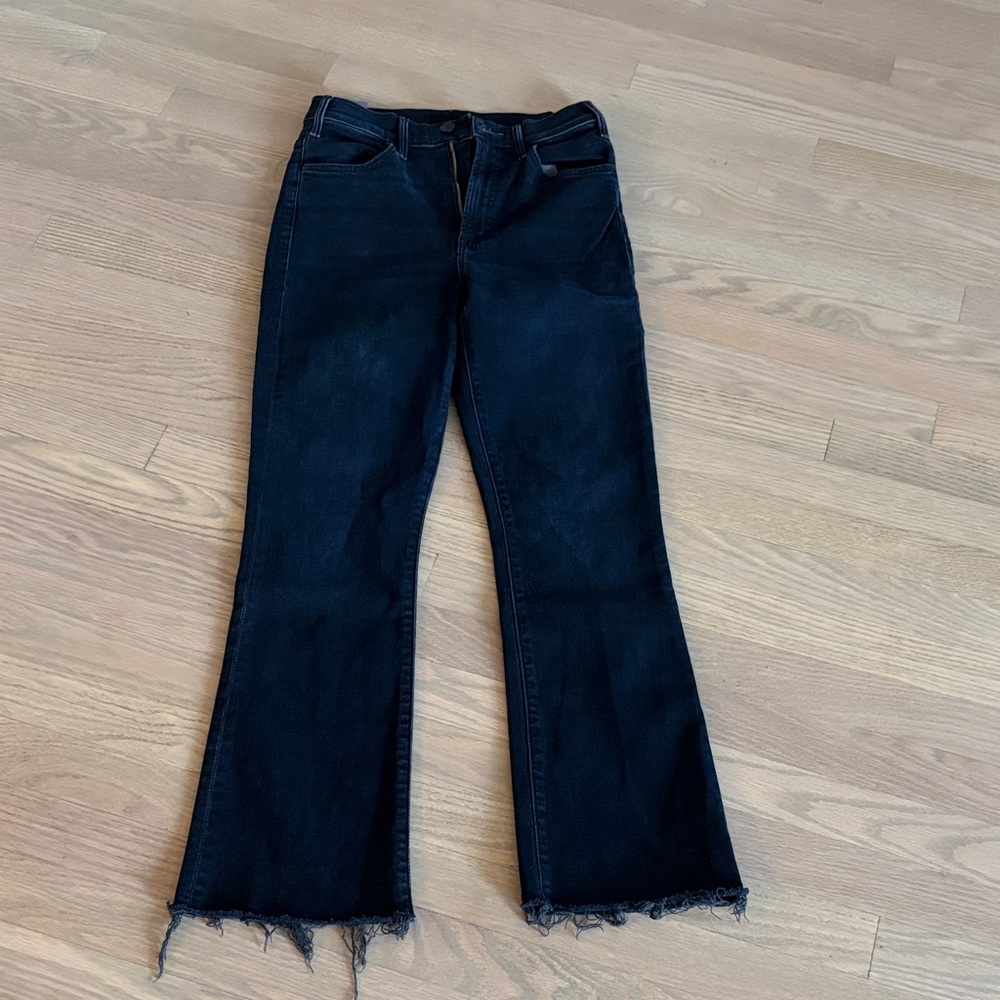 Mother Size 26 High Waist Cropped Dark Denim Distressed Flared Jeans